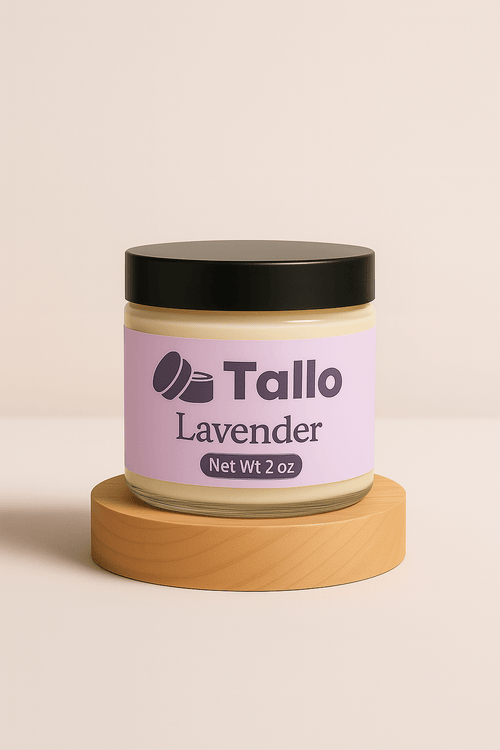 2 oz. jar of Tallo Lavender whipped grass fed beef tallow balm on block