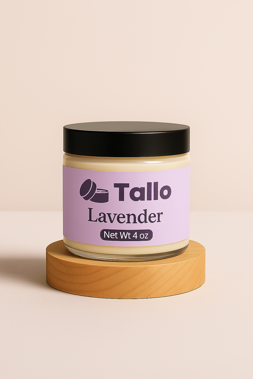 4 oz jar of Tallo Lavender whipped grass fed beef tallow balm on wood block