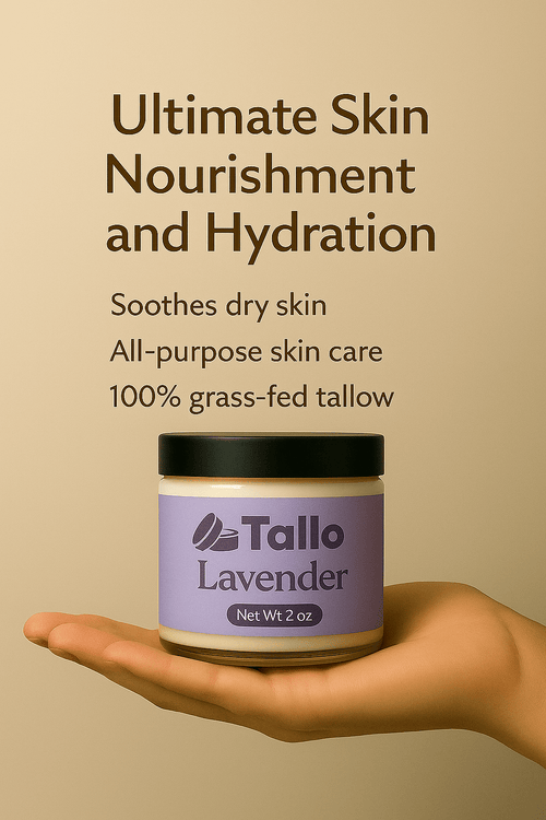 Tallo Lavender grass fed beef tallow balm held by hand with benefits listed