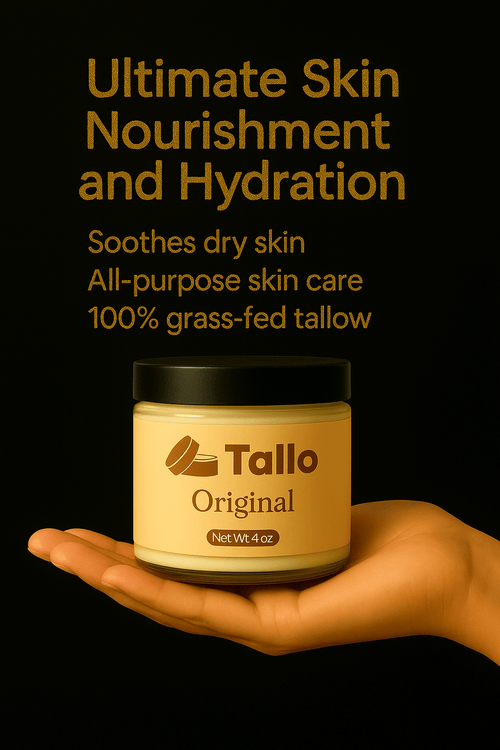 Hand holding Tallo Original grass fed beef tallow with benefits listed