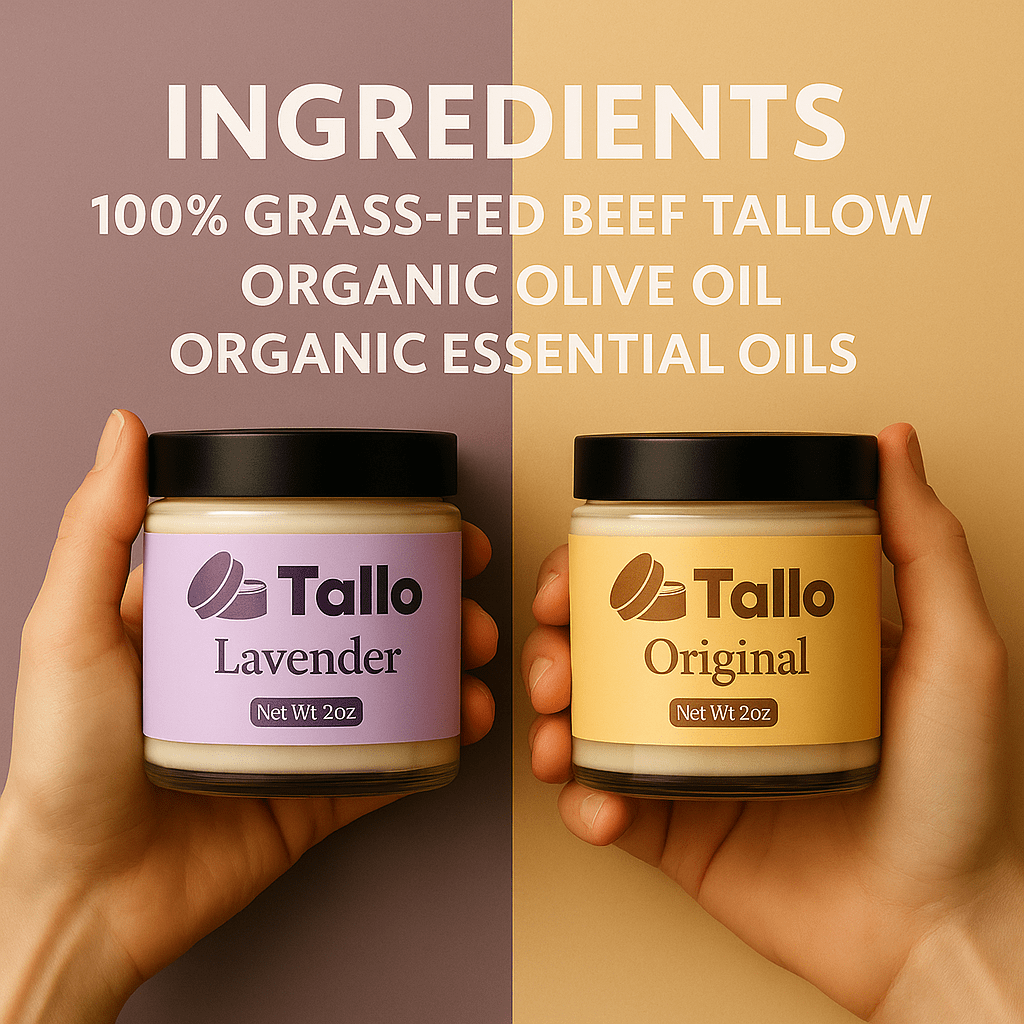 Hands holding Tallo grass fed beef tallow balm jars with ingredient list 