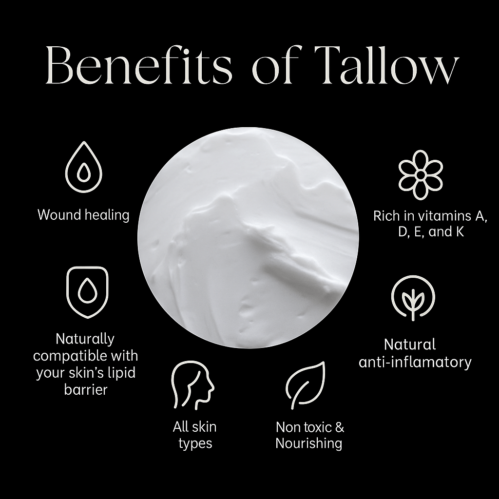 Grass fed beef tallow balm benefits black background with tallow in the middle